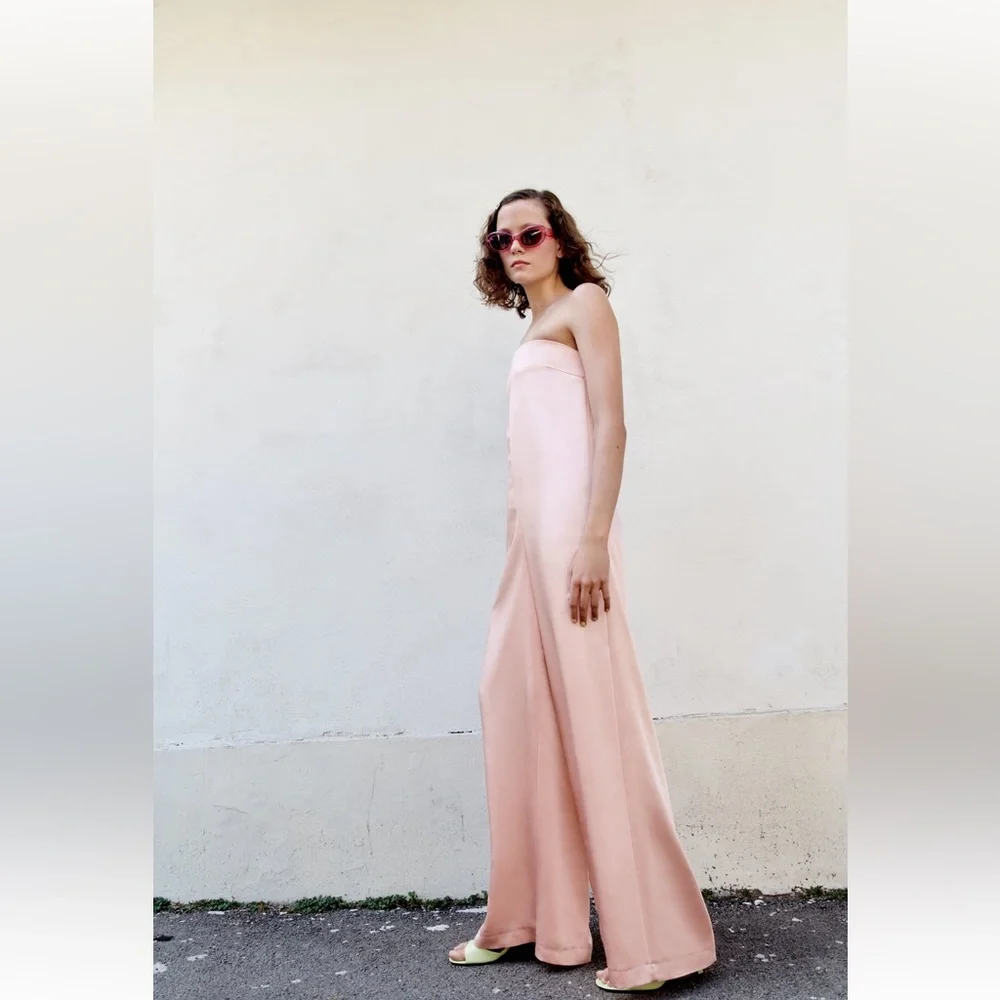 Zara STRAPLESS SATIN EFFECT JUMPSUIT. Pale Pink. Sizes XS, M, L. New with Tags. - Picture 6 of 10